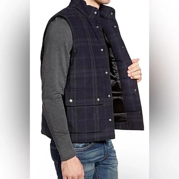 SINGER + SARGENT Wool Blend Fully Lined Blue Black Plaid Puffer Vest Size L - Picture 2 of 8